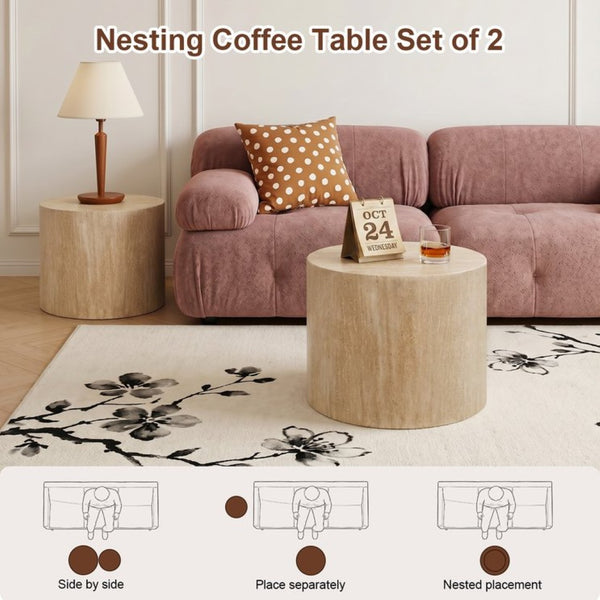 English Elm Nesting Coffee Tables Round Walnut Finish Mdf Set Assembly Free Modern Living Room Duo Beige Gray+White W3204P512875