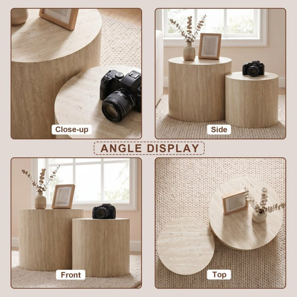 English Elm Nesting Coffee Tables Round Walnut Finish Mdf Set Assembly Free Modern Living Room Duo Beige Gray+White W3204P512875