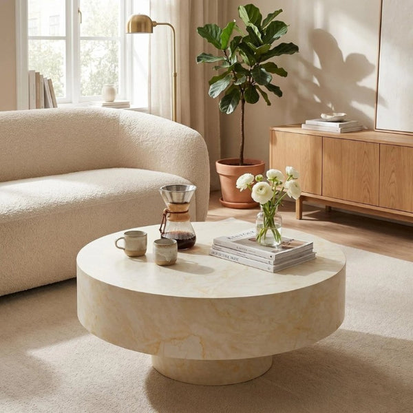English Elm Round Fluted Pedestal Coffee Table Mid Century MDF Top for Living Room Small Spaces W3204P512903