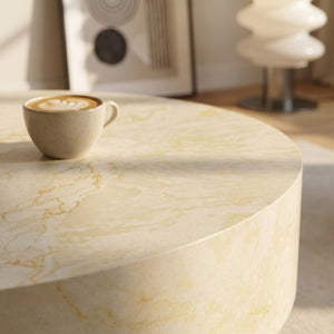English Elm Round Fluted Pedestal Coffee Table Mid Century MDF Top for Living Room Small Spaces W3204P512903