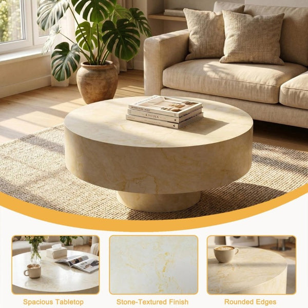 English Elm Round Fluted Pedestal Coffee Table Mid Century MDF Top for Living Room Small Spaces W3204P512903