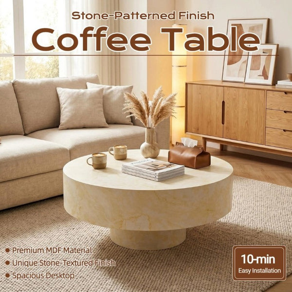 English Elm Round Fluted Pedestal Coffee Table Mid Century MDF Top for Living Room Small Spaces W3204P512903