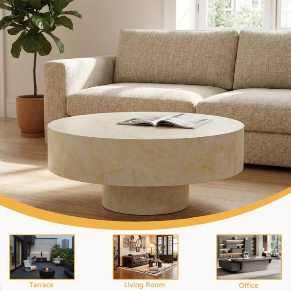 English Elm Round Fluted Pedestal Coffee Table Mid Century MDF Top for Living Room Small Spaces W3204P512903