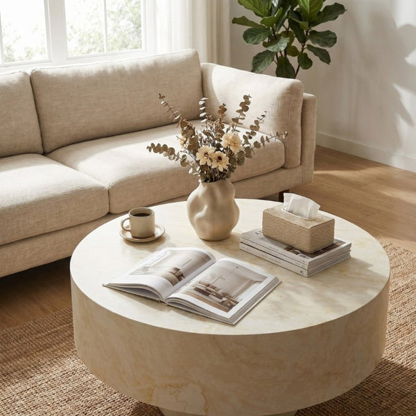 English Elm Round Fluted Pedestal Coffee Table Mid Century MDF Top for Living Room Small Spaces W3204P512903