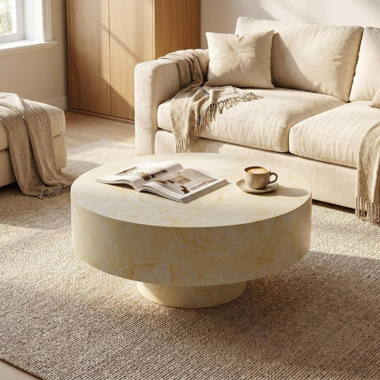 English Elm Round Fluted Pedestal Coffee Table Mid Century MDF Top for Living Room Small Spaces W3204P512903