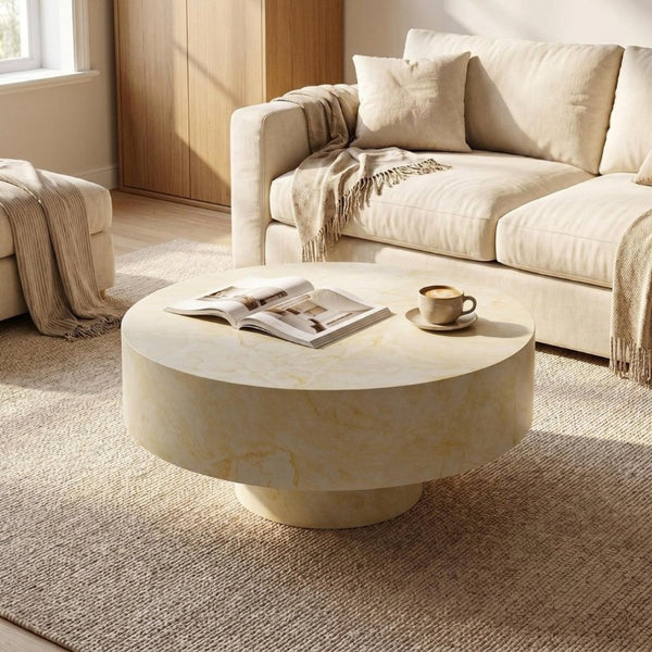 English Elm Round Fluted Pedestal Coffee Table Mid Century MDF Top for Living Room Small Spaces W3204P512903