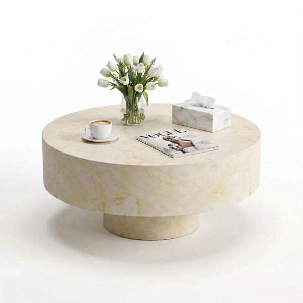 English Elm Round Fluted Pedestal Coffee Table Mid Century MDF Top for Living Room Small Spaces W3204P512903