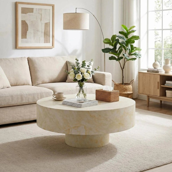 English Elm Round Fluted Pedestal Coffee Table Mid Century MDF Top for Living Room Small Spaces W3204P512903