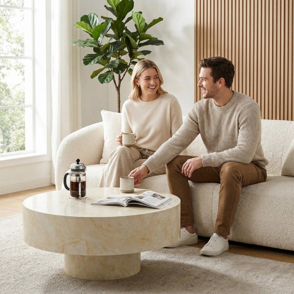 English Elm Round Fluted Pedestal Coffee Table Mid Century MDF Top for Living Room Small Spaces W3204P512903