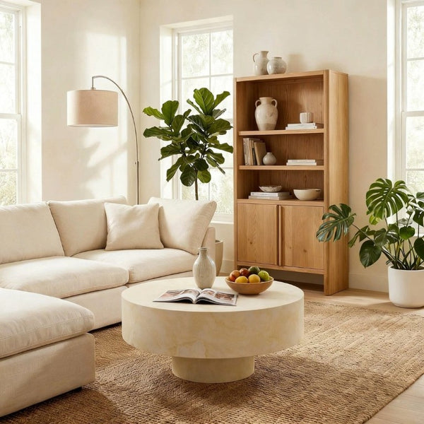 English Elm Round Fluted Pedestal Coffee Table Mid Century MDF Top for Living Room Small Spaces W3204P512903