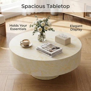 English Elm Round Fluted Pedestal Coffee Table Mid Century MDF Top for Living Room Small Spaces W3204P512903