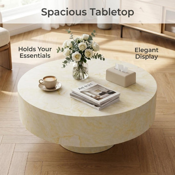 English Elm Round Fluted Pedestal Coffee Table Mid Century MDF Top for Living Room Small Spaces W3204P512903