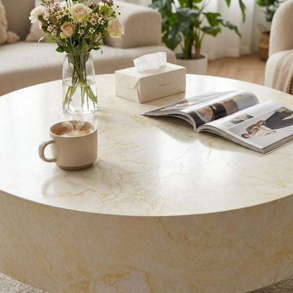 English Elm Round Fluted Pedestal Coffee Table Mid Century MDF Top for Living Room Small Spaces W3204P512903