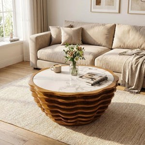 English Elm 32.1 Inch Sculptural Round Coffee Table Marble Stone Patterned Top for Living Room W3204P520854