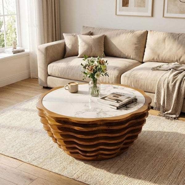 English Elm 32.1 Inch Sculptural Round Coffee Table Marble Stone Patterned Top for Living Room W3204P520854