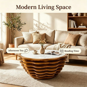 English Elm 32.1 Inch Sculptural Round Coffee Table Marble Stone Patterned Top for Living Room W3204P520854