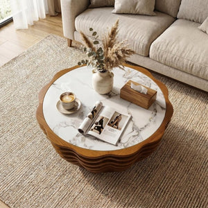 English Elm 32.1 Inch Sculptural Round Coffee Table Marble Stone Patterned Top for Living Room W3204P520854