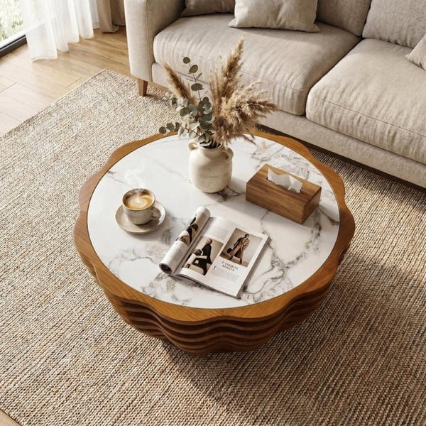 English Elm 32.1 Inch Sculptural Round Coffee Table Marble Stone Patterned Top for Living Room W3204P520854