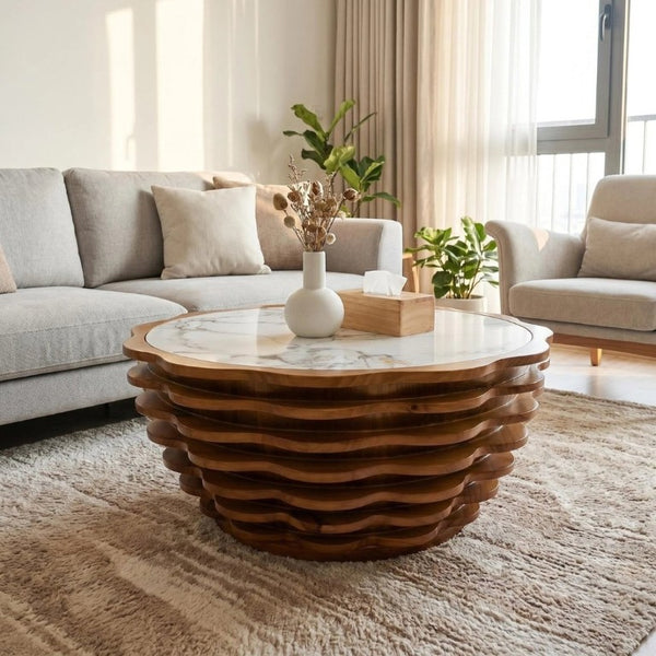 English Elm 32.1 Inch Sculptural Round Coffee Table Marble Stone Patterned Top for Living Room W3204P520854