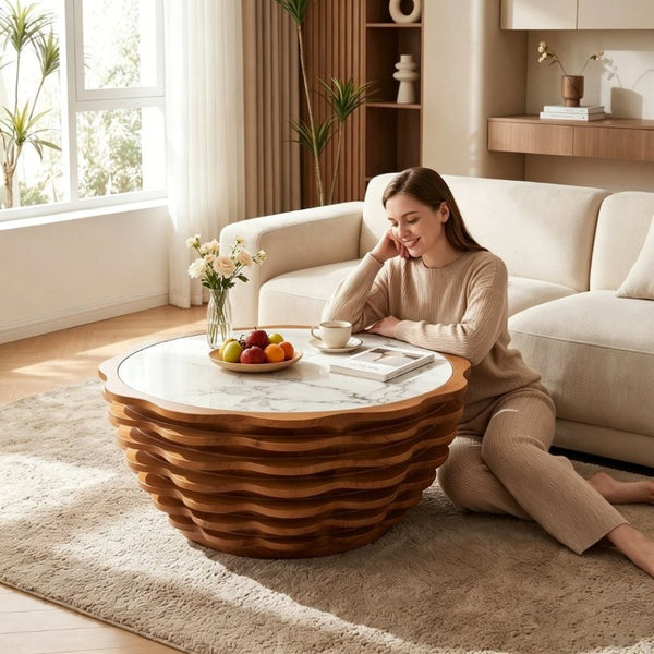 English Elm 32.1 Inch Sculptural Round Coffee Table Marble Stone Patterned Top for Living Room W3204P520854