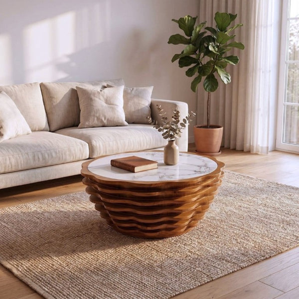 English Elm 32.1 Inch Sculptural Round Coffee Table Marble Stone Patterned Top for Living Room W3204P520854
