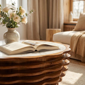 English Elm 32.1 Inch Sculptural Round Coffee Table Marble Stone Patterned Top for Living Room W3204P520854
