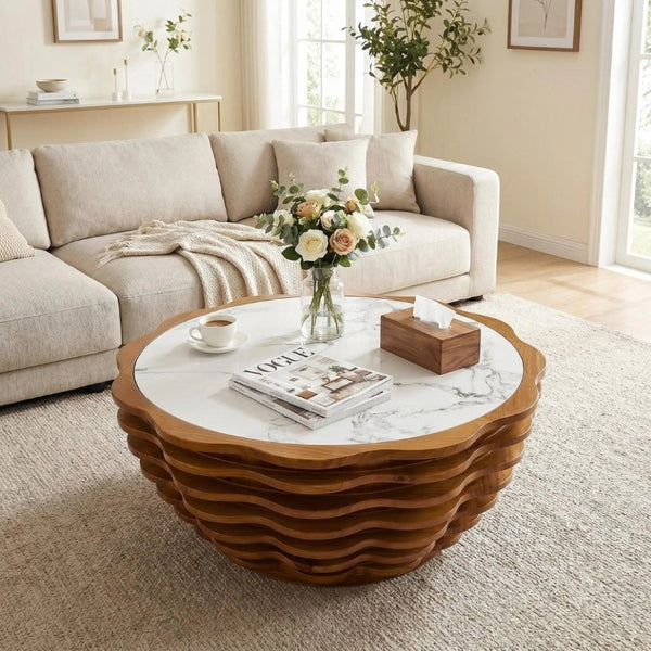 English Elm 32.1 Inch Sculptural Round Coffee Table Marble Stone Patterned Top for Living Room W3204P520854