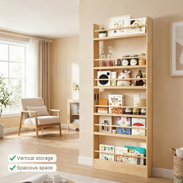 English Elm 6 Tier Solid Wood Behind Door Bookshelf Slim Open Storage for Bedroom or Playroom W3204P521905