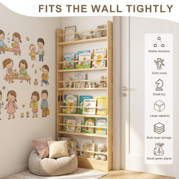 English Elm 6 Tier Solid Wood Behind Door Bookshelf Slim Open Storage for Bedroom or Playroom W3204P521905