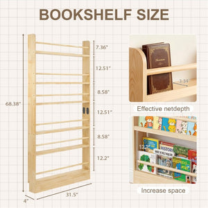 English Elm 6 Tier Solid Wood Behind Door Bookshelf Slim Open Storage for Bedroom or Playroom W3204P521905