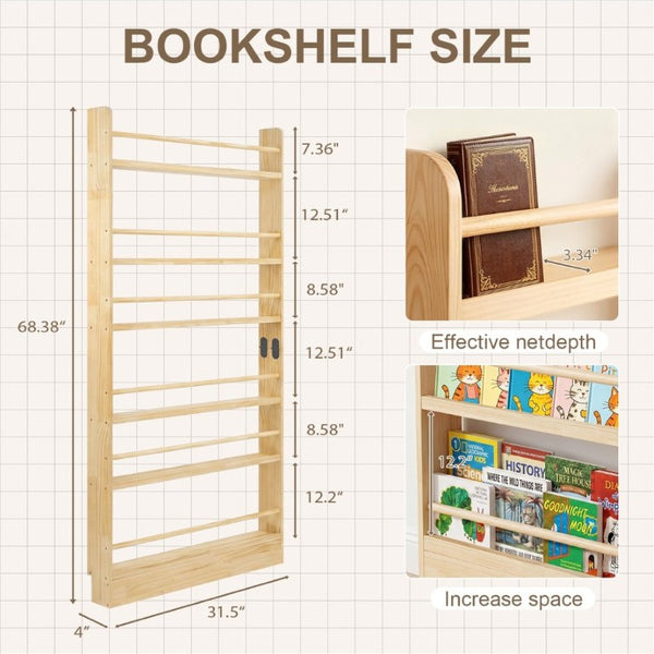 English Elm 6 Tier Solid Wood Behind Door Bookshelf Slim Open Storage for Bedroom or Playroom W3204P521905