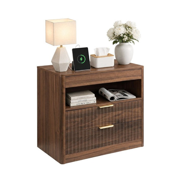 English Elm 27.55Nightstand Walnut Finish MDF Bedside Unit with Dual Drawers and Pull Out Shelf W3204P521922