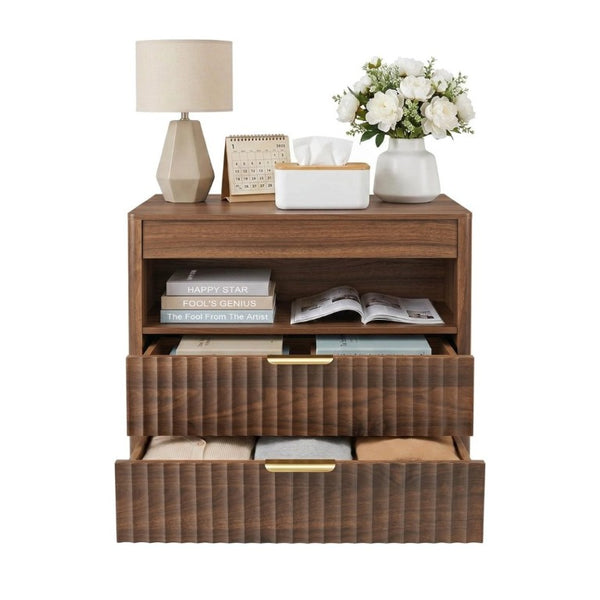 English Elm 27.55Nightstand Walnut Finish MDF Bedside Unit with Dual Drawers and Pull Out Shelf W3204P521922