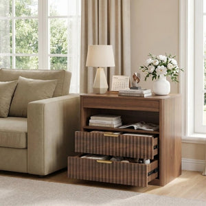 English Elm 27.55Nightstand Walnut Finish MDF Bedside Unit with Dual Drawers and Pull Out Shelf W3204P521922