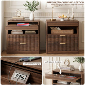 English Elm 27.55Nightstand Walnut Finish MDF Bedside Unit with Dual Drawers and Pull Out Shelf W3204P521922