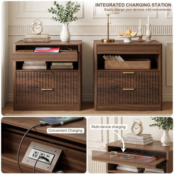 English Elm 27.55Nightstand Walnut Finish MDF Bedside Unit with Dual Drawers and Pull Out Shelf W3204P521922