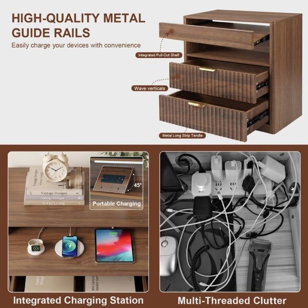 English Elm 27.55Nightstand Walnut Finish MDF Bedside Unit with Dual Drawers and Pull Out Shelf W3204P521922