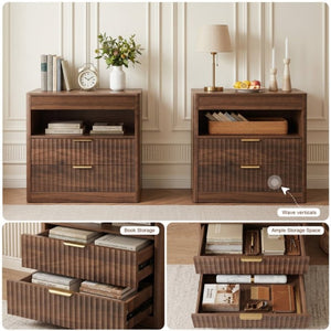 English Elm 27.55Nightstand Walnut Finish MDF Bedside Unit with Dual Drawers and Pull Out Shelf W3204P521922