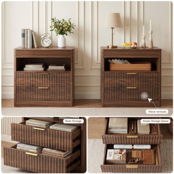 English Elm 27.55Nightstand Walnut Finish MDF Bedside Unit with Dual Drawers and Pull Out Shelf W3204P521922