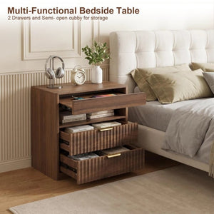 English Elm 27.55Nightstand Walnut Finish MDF Bedside Unit with Dual Drawers and Pull Out Shelf W3204P521922