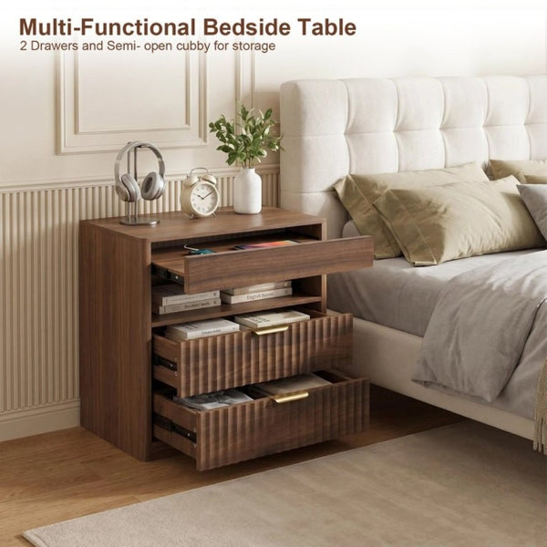 English Elm 27.55Nightstand Walnut Finish MDF Bedside Unit with Dual Drawers and Pull Out Shelf W3204P521922