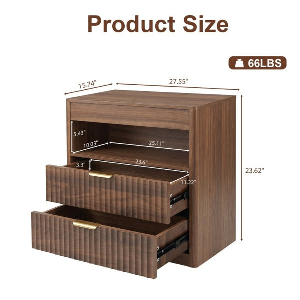 English Elm 27.55Nightstand Walnut Finish MDF Bedside Unit with Dual Drawers and Pull Out Shelf W3204P521922