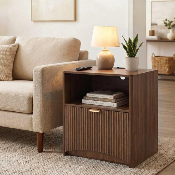 English Elm Nightstands Set of 2 Walnut Fluted Mid Century Modern with Charging Station Drawer W3204P521923