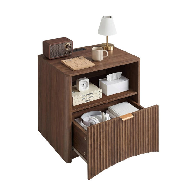 English Elm Nightstands Set of 2 Walnut Fluted Mid Century Modern with Charging Station Drawer W3204P521923
