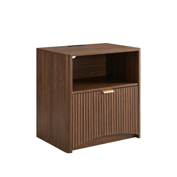 English Elm Nightstands Set of 2 Walnut Fluted Mid Century Modern with Charging Station Drawer W3204P521923