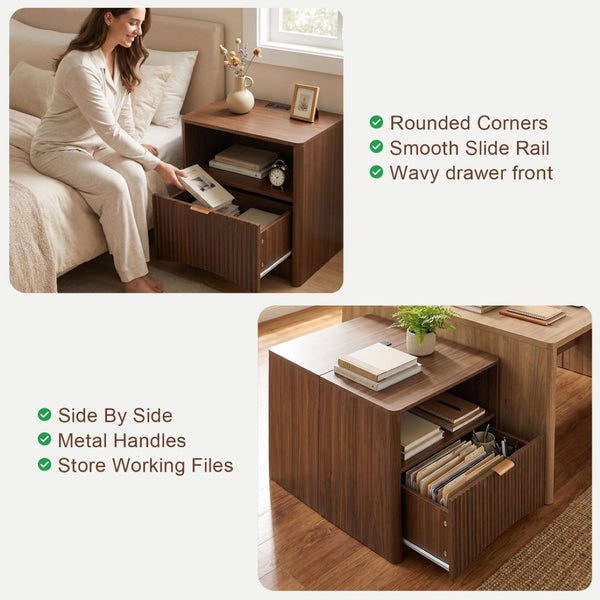 English Elm Nightstands Set of 2 Walnut Fluted Mid Century Modern with Charging Station Drawer W3204P521923
