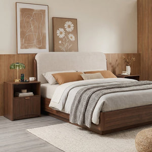 English Elm Nightstands Set of 2 Walnut Fluted Mid Century Modern with Charging Station Drawer W3204P521923