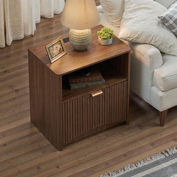 English Elm Nightstands Set of 2 Walnut Fluted Mid Century Modern with Charging Station Drawer W3204P521923