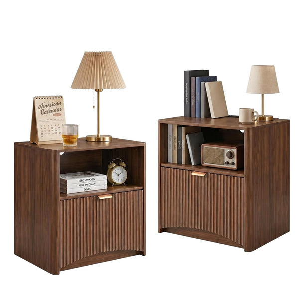 English Elm Nightstands Set of 2 Walnut Fluted Mid Century Modern with Charging Station Drawer W3204P521923