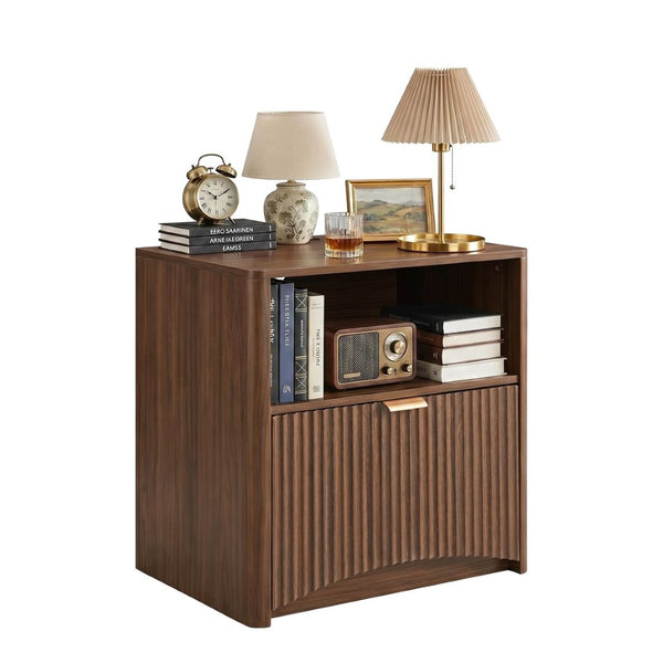English Elm Nightstands Set of 2 Walnut Fluted Mid Century Modern with Charging Station Drawer W3204P521923